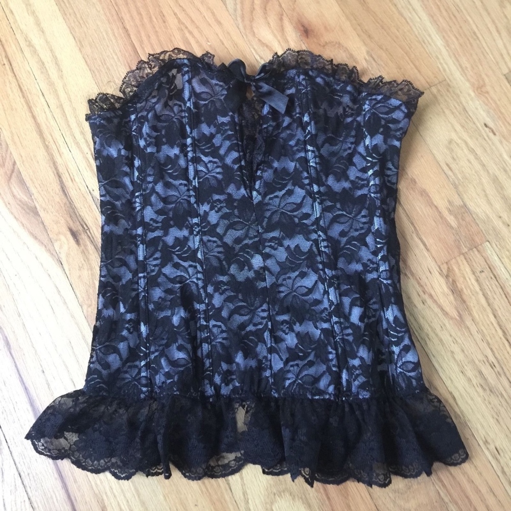 Burlesque Bustier Black Lace Ribbed Waist Trainer